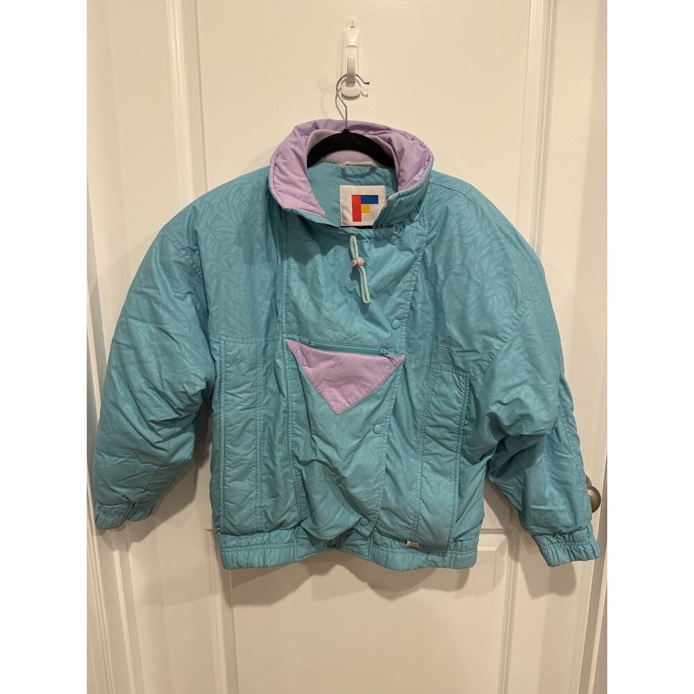 Vintage 80’s Forte Turquoise & Purple Puffer Bomber Jacket size 8 80% Duck Down